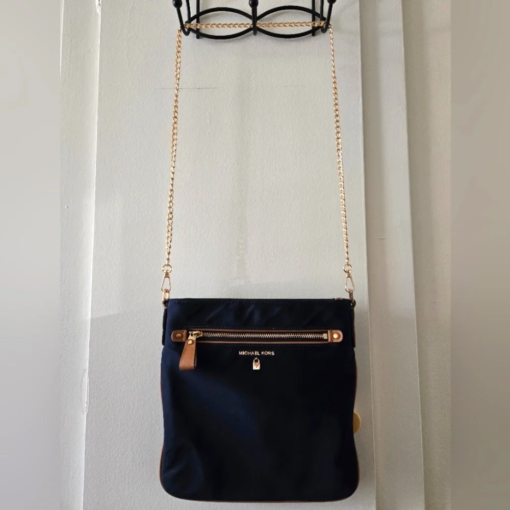 Michael Kors Kelsey Navy Blue Tan Nylon Shoulder Bag